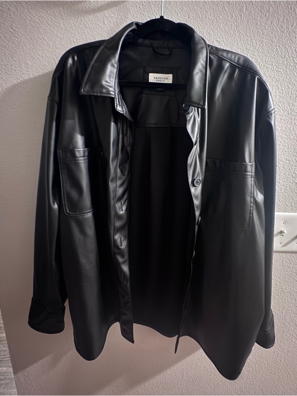 American Eagle Outfitters Black Faux Leather Shirt Jacket Shacket